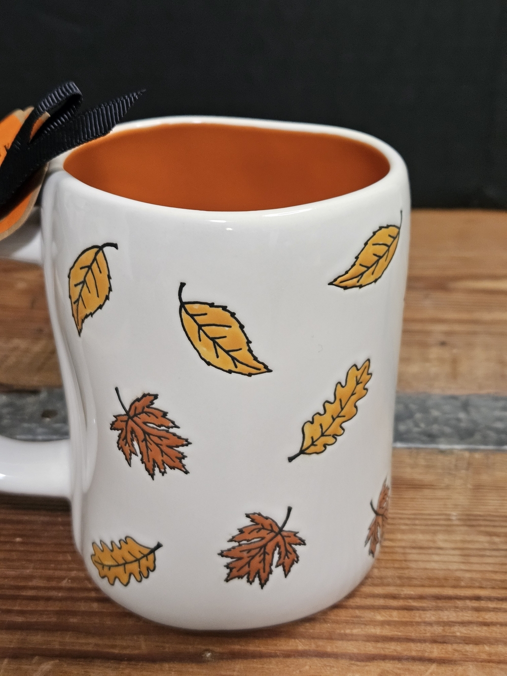 Rae Dunn White Mug with Orange Interior - Hello Fall Leaf Design - Picture 2 of 5